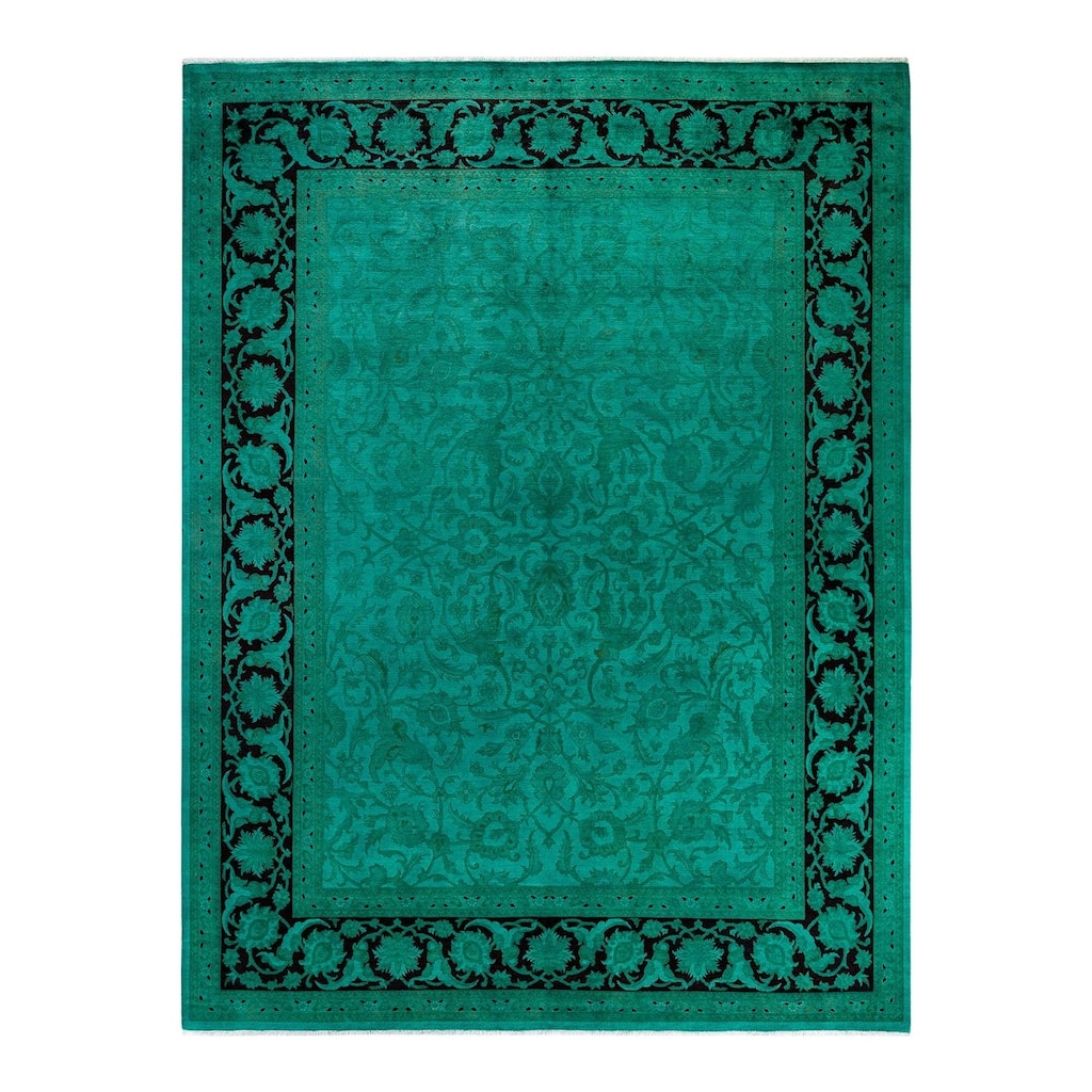 Overton Hand Knotted Wool Vintage Inspired Modern Contemporary Overdyed Green Area Rug - 9' 3" x 12' 3"