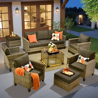OVIOS 8 Pieces Outdoor Wicker Sectional Set With Solar-Powered CoffeeTable