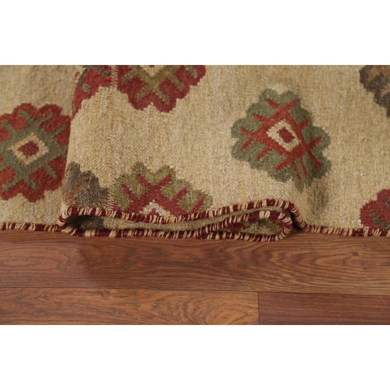 All-Over Geometric Kilim Reversible Area Rug Hand-Knotted Wool Carpet - 5'0"x 7'9"