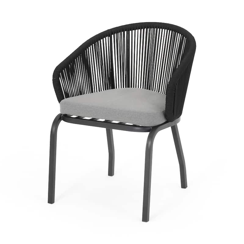 Candy Outdoor Dining Chair Set of 2, Gray Fabric, Black Metal, Woven Rope