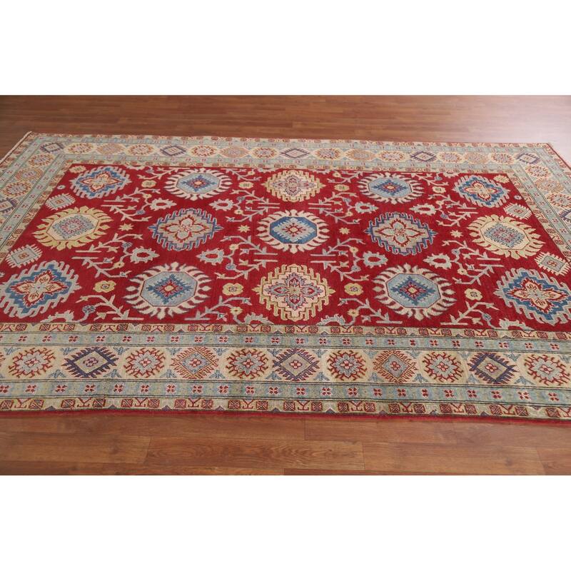 Hand Knotted Oriental 100% Wool Carpet Traditional All-Over Red Kazak Area Rug - 9' 2'' X 5' 11''