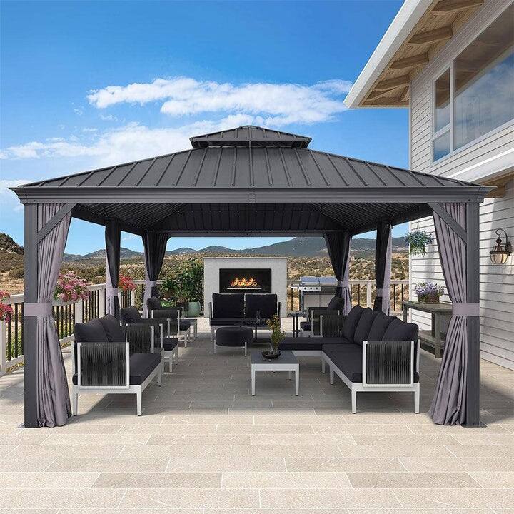 PURPLE LEAF Outdoor Galvanized Steel Hardtop Gazebo, Aluminum Frame Gazebo With Curtains - 12' x 24' - Gazebo Grey