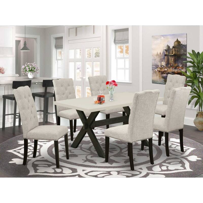 HomeStock 7-Pc Rectangle Natural Oak Finish Solid Wood Top Dining Table with 6 Parson-Chairs