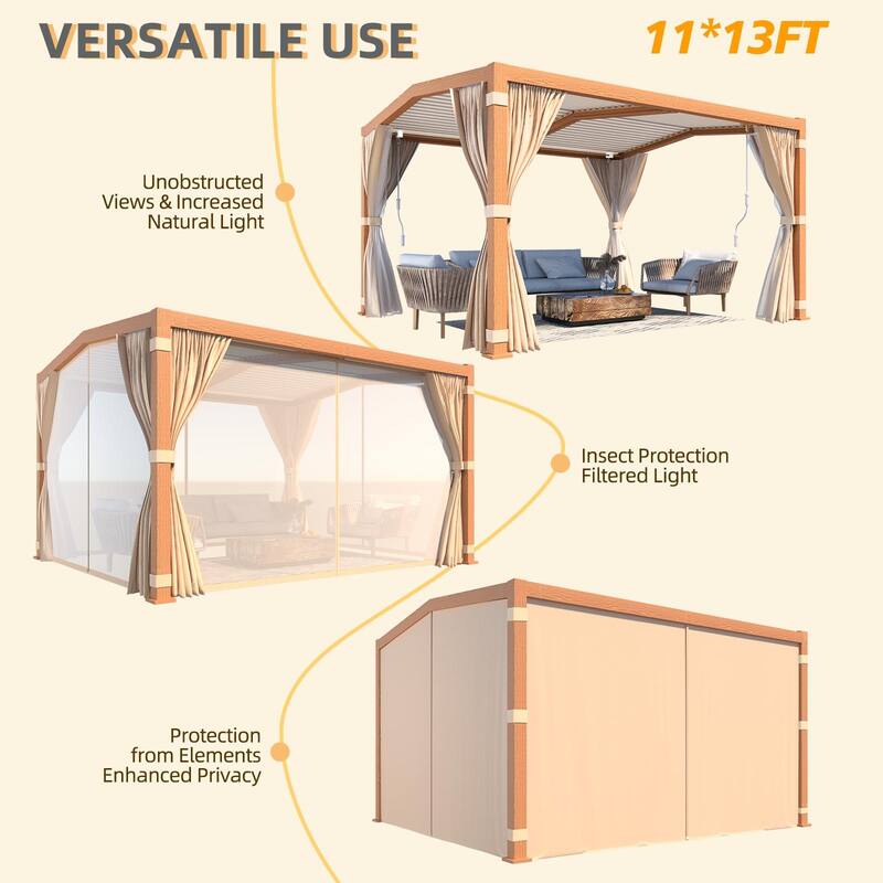 EROMMY Outdoor Louvered Pergola Gazebo with Adjustable Aluminum Rainproof Roof and Pull-Down Screen