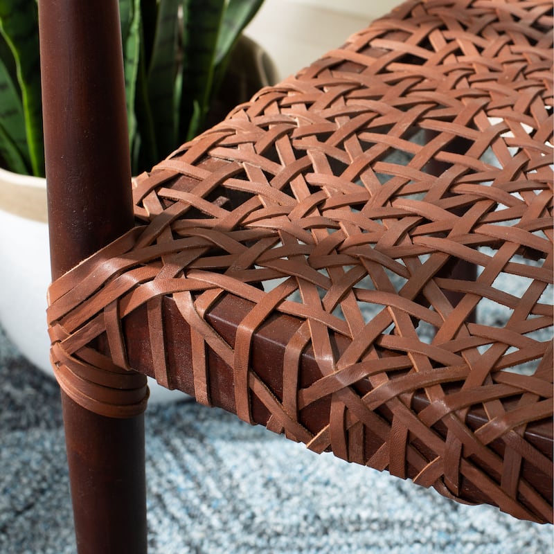 SAFAVIEH Therese Leather Woven Accent Chair - 25" W x 20.9" L x 30.9" H - 25Wx21Dx31H - Walnut Mahogany Wood