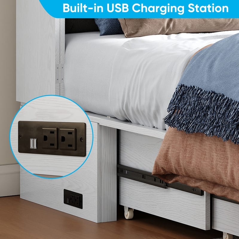 Mixoy Queen Modern Murphy Bed Cabinet with Charge Station,Mattress,Drawers
