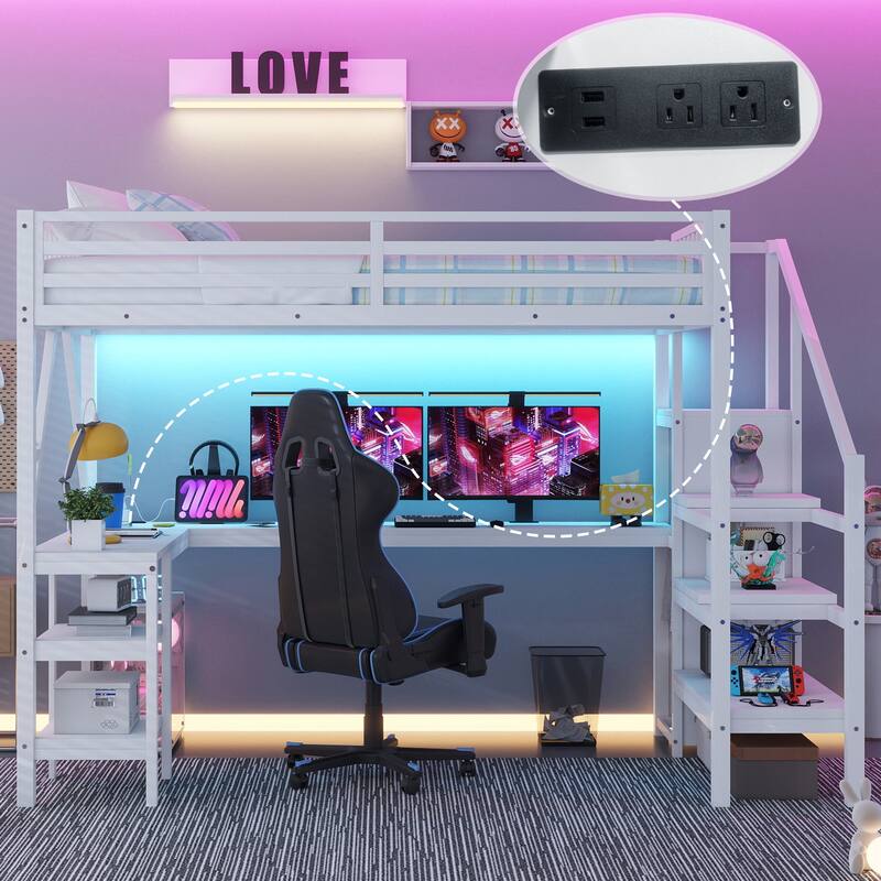 Roomfitters Full/Queen Loft Platform Bed, L-Shaped Desk and LED Wardrobe with Metal Frame for Bedroom or Guest Room