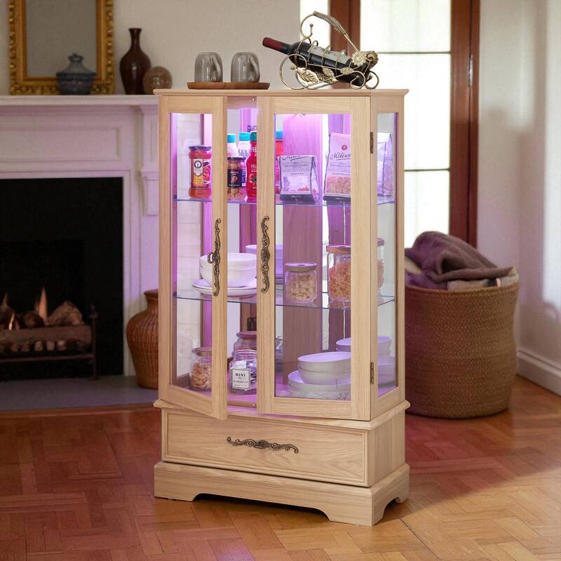 Lighted Glass Curio Cabinet with Adjustable Shelves, 2-Door Display Cabinet with Drawer and Built-in Bulb, Retro Accent Storage