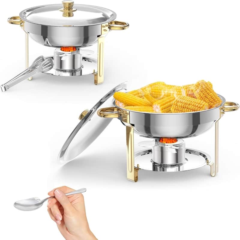 6 Pack 5QT Round Chafing Dishes Buffet Set with Lids - Includes Lid Holder Serving Spoon Tweezers - 5L 2-piece set