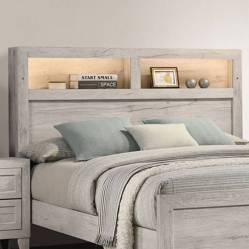 Furniture of America Holland Washed White Panel Bed with Headboard Shelves and Touch Light