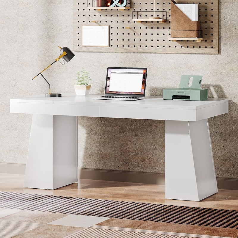 55 Inches Mid-Century Executive Desk with Double Trapezoid Base