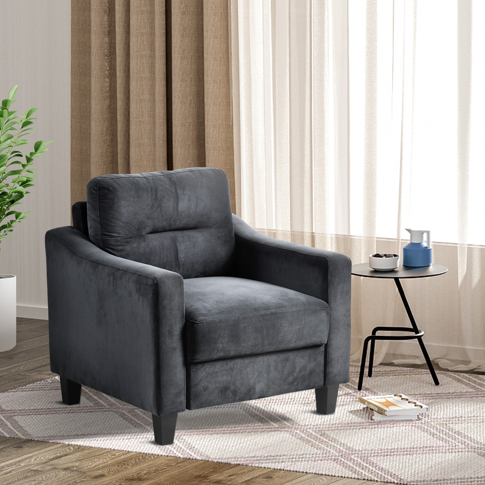 Velvet Upholstered Single Sofa Chair Sectional Couches Mordern Accent Armchair with Wooden Legs for Living Room Bedroom Office