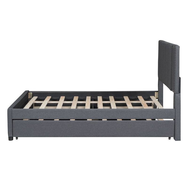 Full Size Upholstered Platform Bed with Drawers and Trundle, Gray