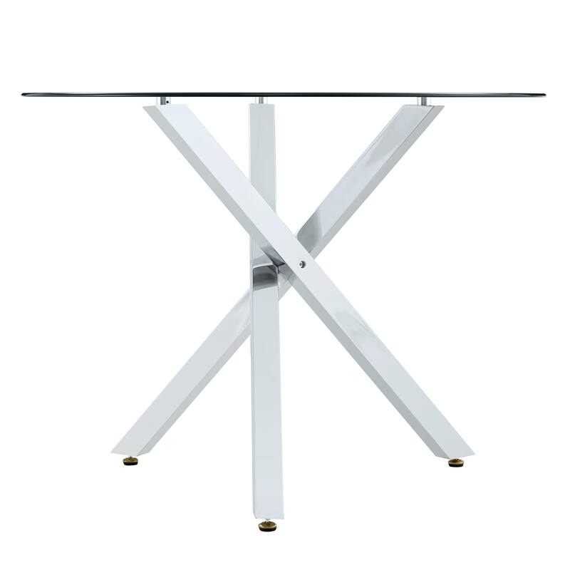 Round glass dining table suitable for 2-4 people diameter 39 inches, height 30 inches, X-shaped silver metal frame