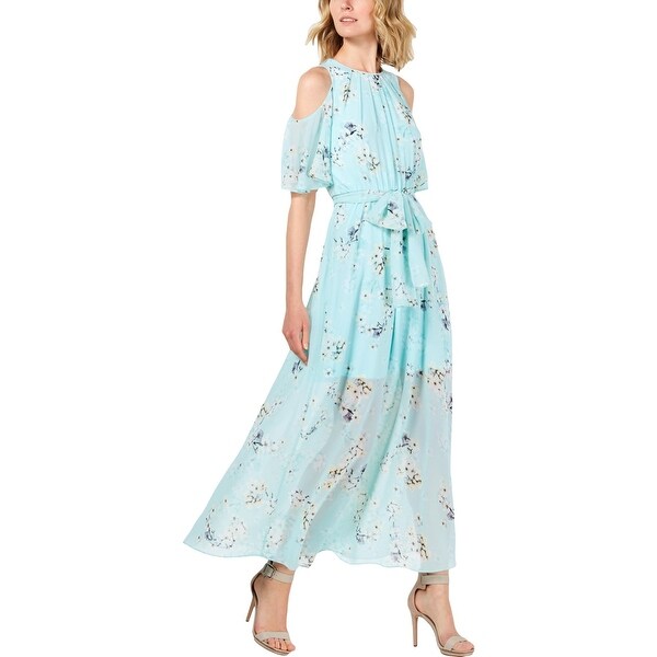 navy floral cold shoulder maxi dress