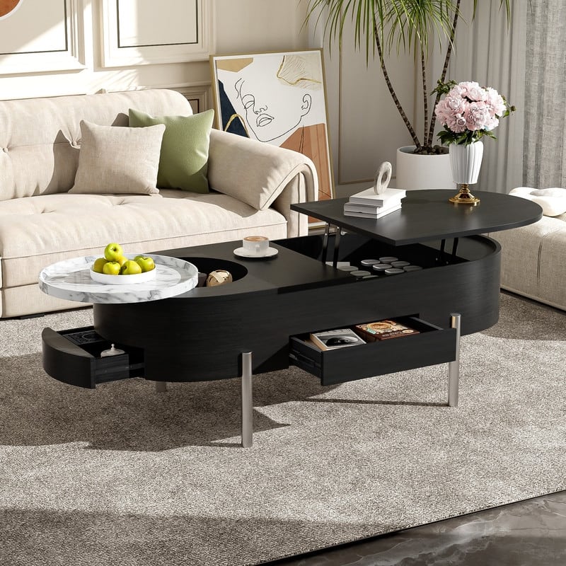 47.2''Lift Top Coffee Table with 360-degree Marble-patterned rotating tray,Hidden Compartment