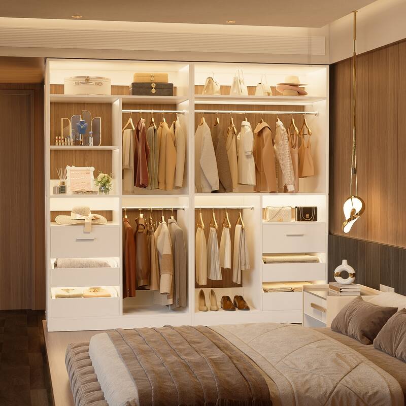 Qvella 72'' Closet System with 6 Wooden Drawers and 4 Hanging Rods, Walk-in Closet Organizer with 10 Storage Shelves
