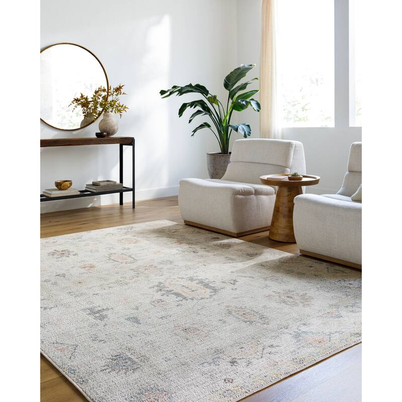 Livabliss Traditional Marlon Border Area Rug - 5'2" x 7' - Gray/Ivory/Blue