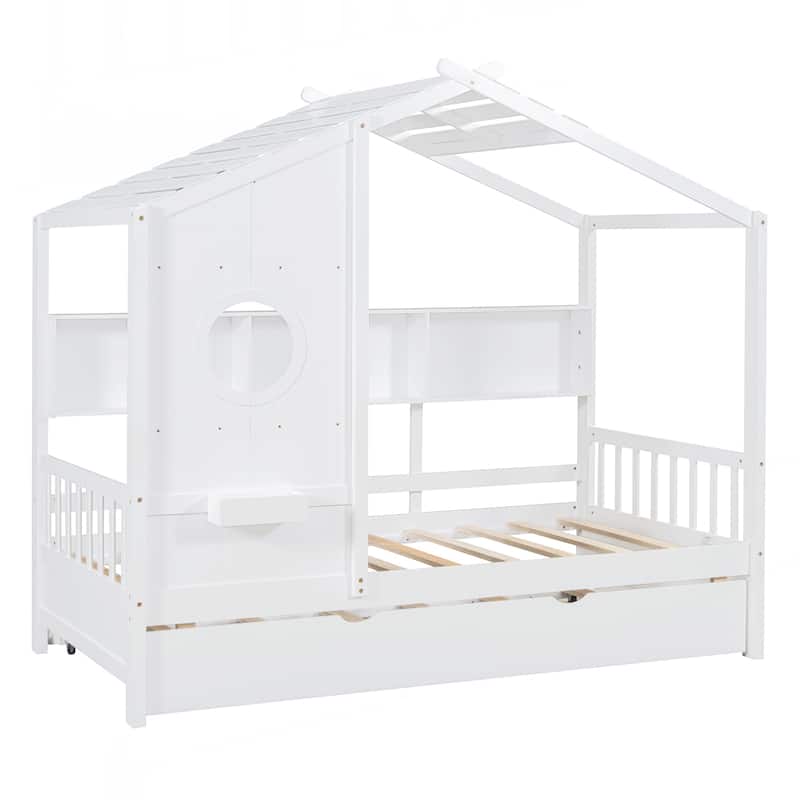 Wooden Twin Size House Bed With Trundle, Modern Design for Kids with Storage Shlef