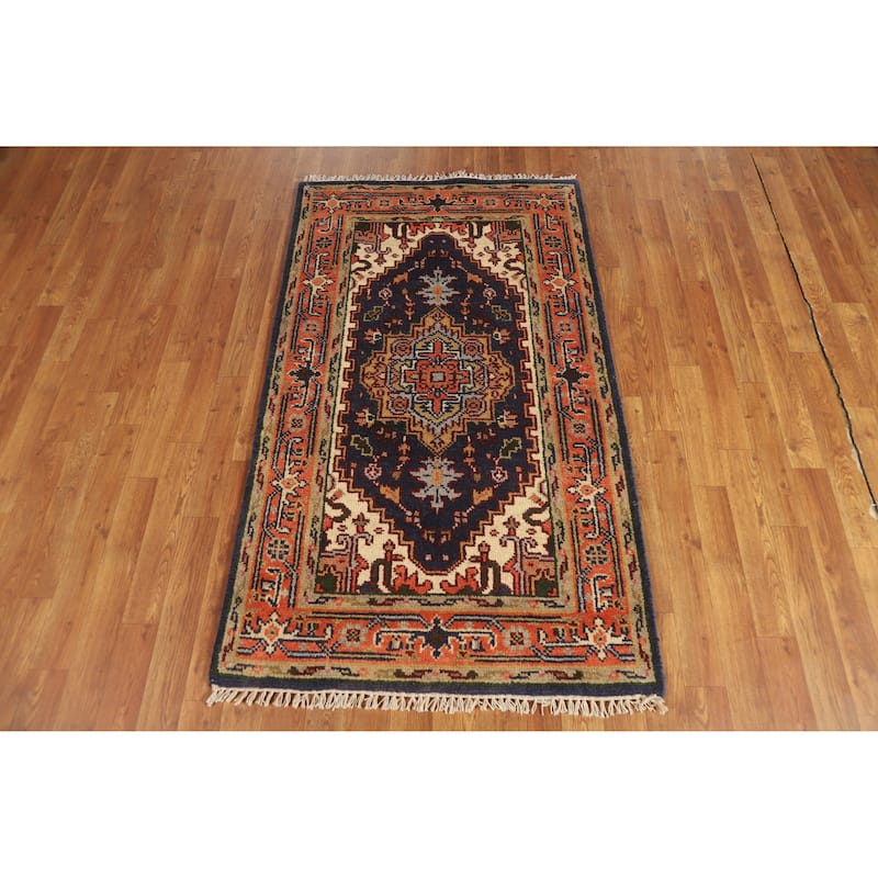 Hand Knotted Oriental 100% Wool Carpet Traditional Medallion Navy Blue & Blues Heriz (serapi) Area Rug - 5' 1'' X 3' 0''