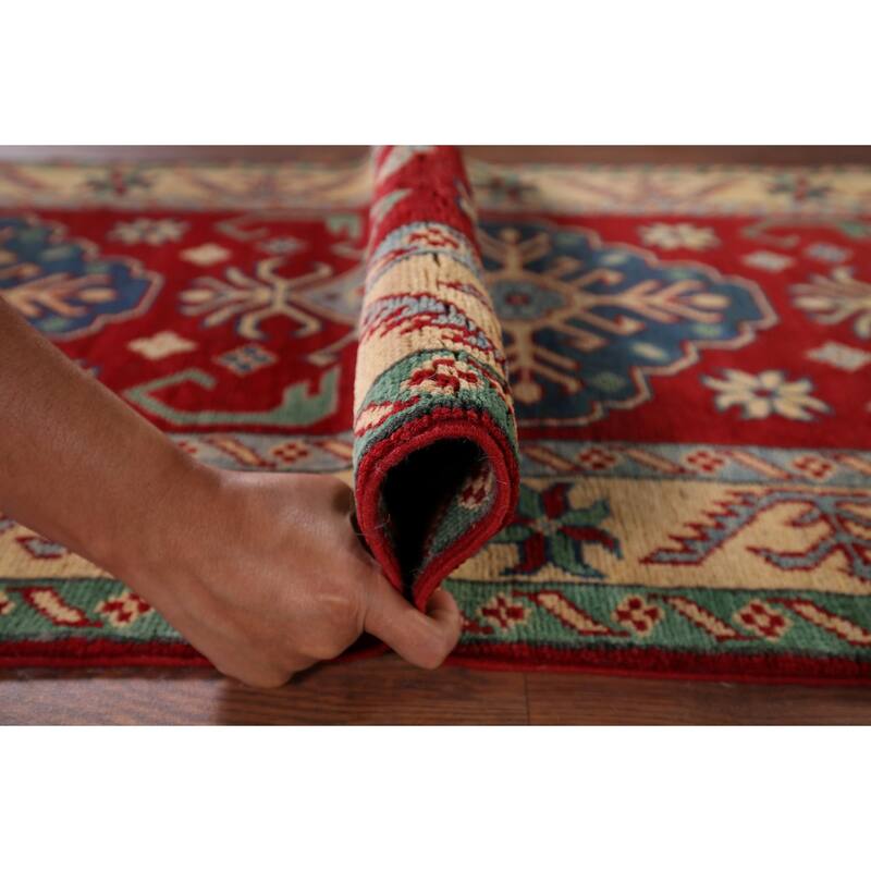 Geometric Red Kazak Oriental Runner Rug Handmade Wool Carpet - 2'6" x 16'0"