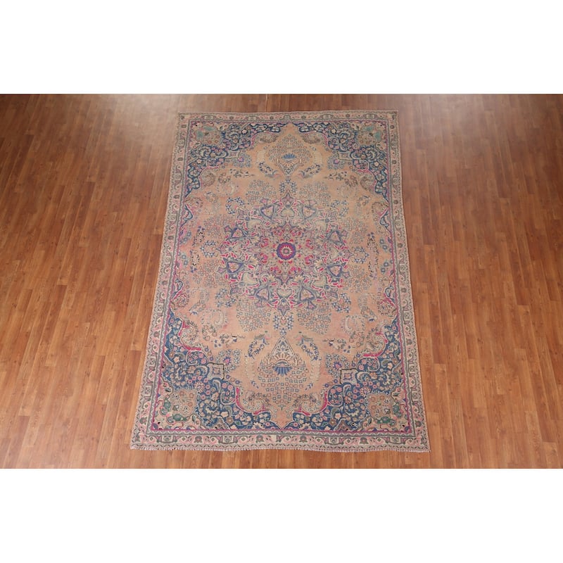 Mashad Persian Vintage Area Rug Handmade Wool Carpet - 6'7"x 9'11"