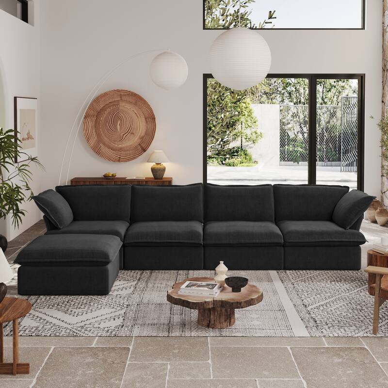 L-Shaped Convertible Modular Sectional Sofa with Storage Ottoman,Down Filled Comfort Overstuffed Upholstered - Black