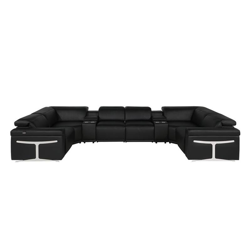HomeRoots Black Italian Leather Power Reclining U Shaped Eight Piece Sectional With Console