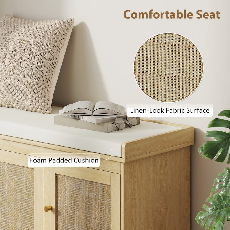 HOMCOM Shoe Bench with Woven Rattan Doors, Shoe Storage Bench with Cushion, Adjustable Shelves, Boho Style Entryway Bench