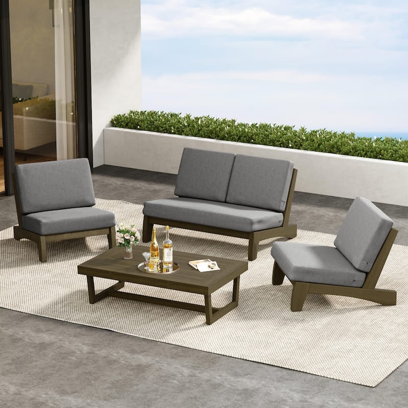 4 Pieces Wood Sectional Sofa Patio Conversation Set With Cushion