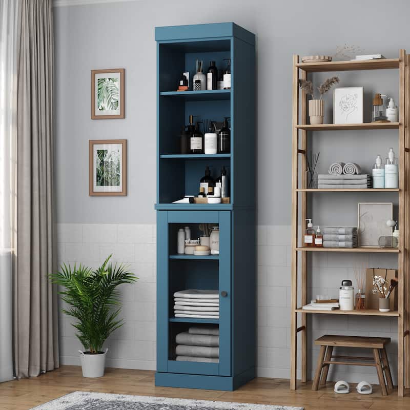 Palace Imports 100% Solid Wood 16.5" Bathroom Storage Cabinet with Clear Glass Doors and Adjustable Shelves - Teal Blue