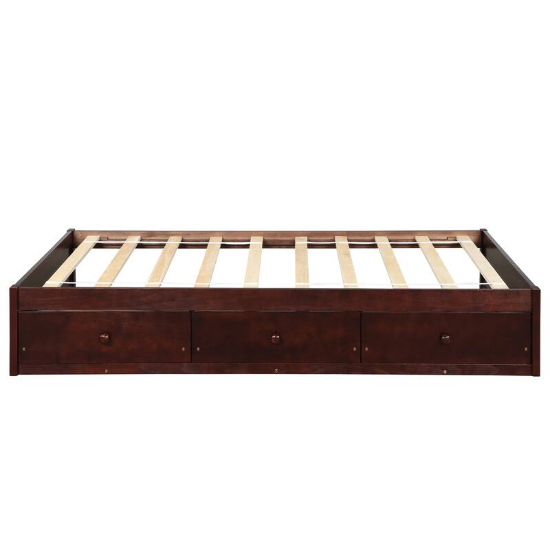 Black Pine Wood Twin Platform Bed with 3 Drawers, Sturdy Frame, Plywood Slats, and MDF Support - Space-Saving Storage Solution