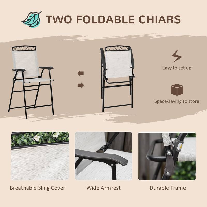 Outdoor Patio Dining Set, Outdoor Garden Furniture Set with 2 Folding Chairs, Tempered Glass Tabletop with Umbrella Hole