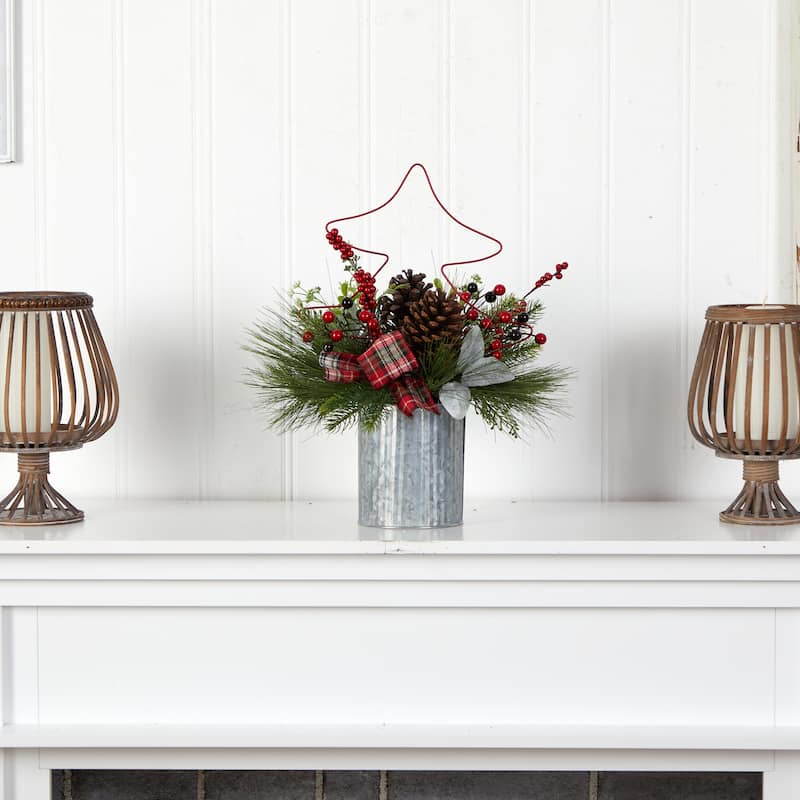17" Pinecone and Berries Artificial Christmas Arrangement with Decorative Metal Vase and Wrired Red Christmas Tree - 17