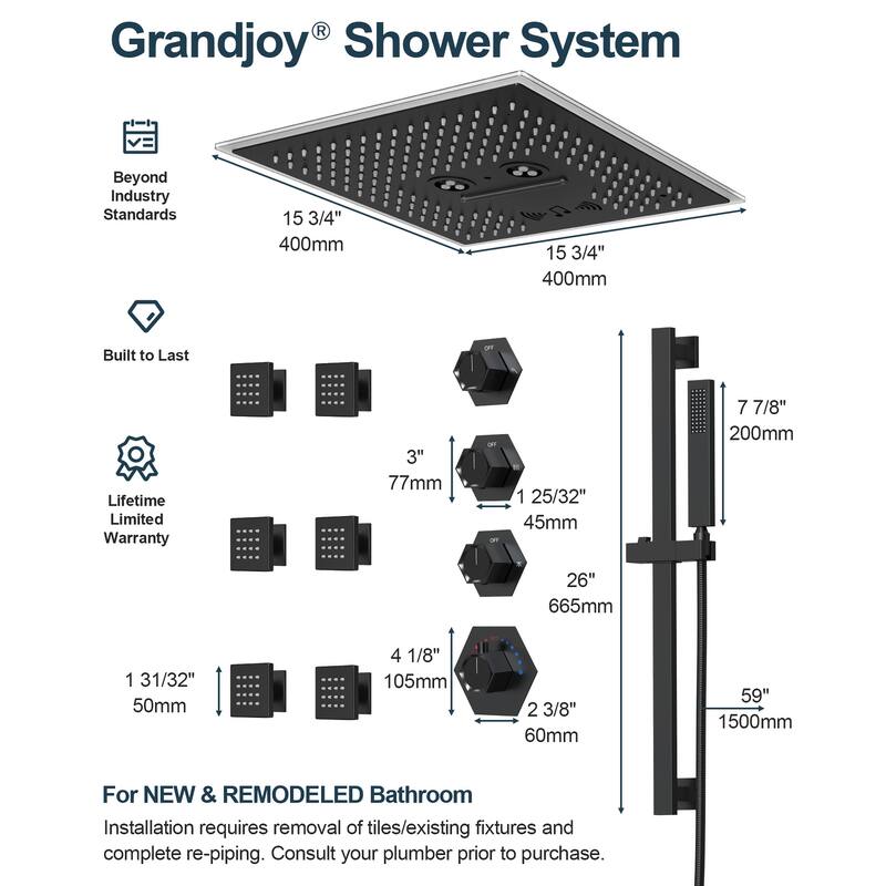 GRANDJOY Shower Faucet System 16 inch Ceiling Mount Shower Head 3 Spray Modes Handheld Spray with Slide Bar LED Music