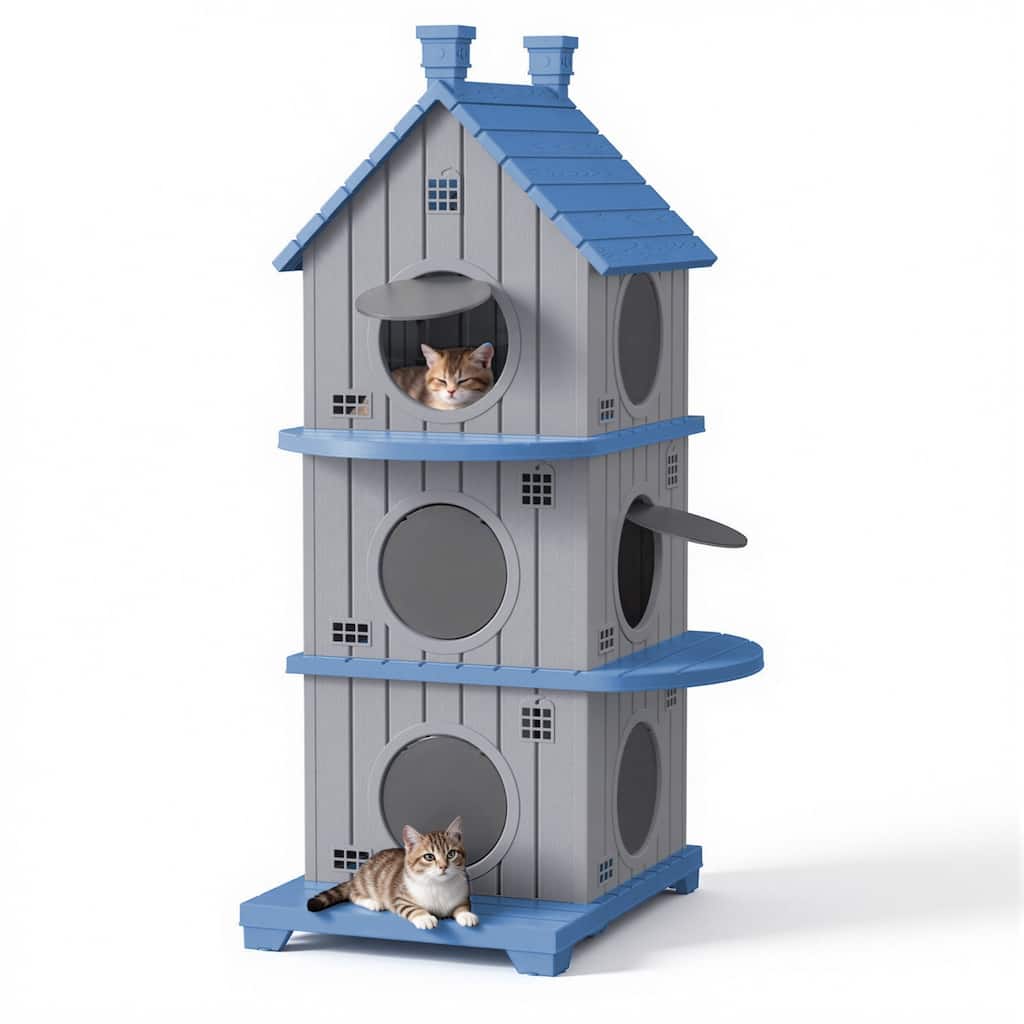 Multi-level Stackable Pet Cabin, All-Weather Indoor Outdoor House with Porch, for Cats and Small Animals