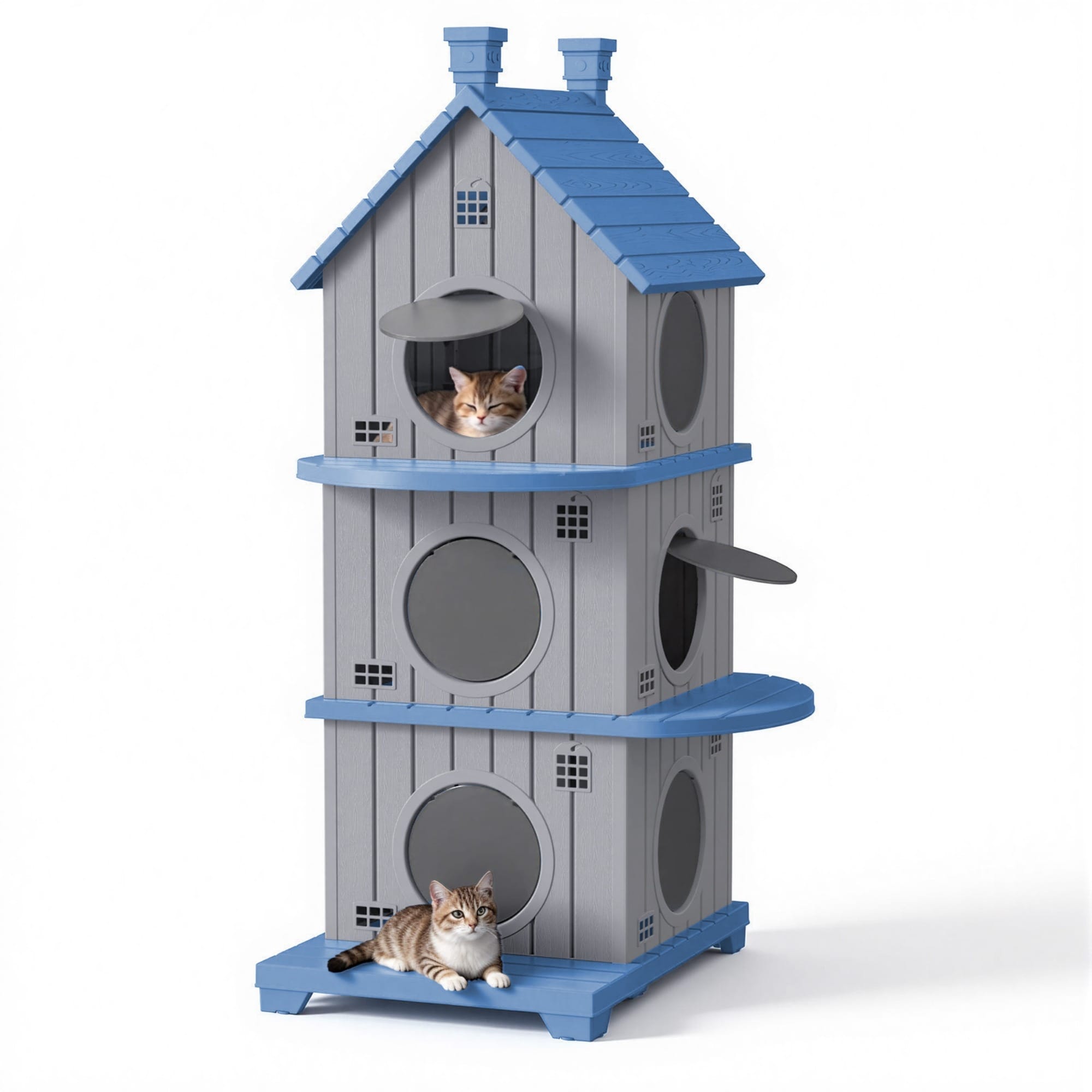 Multi-level Stackable Pet Cabin, All-Weather Indoor Outdoor House with Porch, for Cats and Small Animals