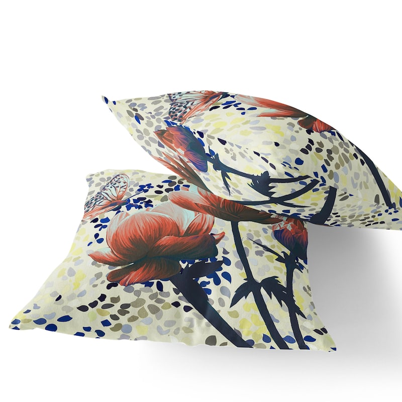 HomeRoots Set of Two 16" X 16" Green and Yellow Butterfly Blown Seam Floral Indoor Outdoor Throw Pillow