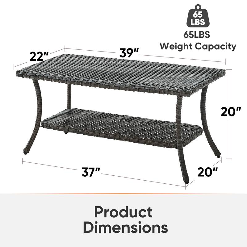 Meina Brown Wicker Rectangular Outdoor Coffee Table with Lower Wicker Storage Shelf