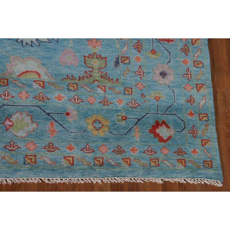 All-Over Blue Oushak Oriental Area Rug Hand-Knotted Wool Carpet - 9'0" x 11'11"