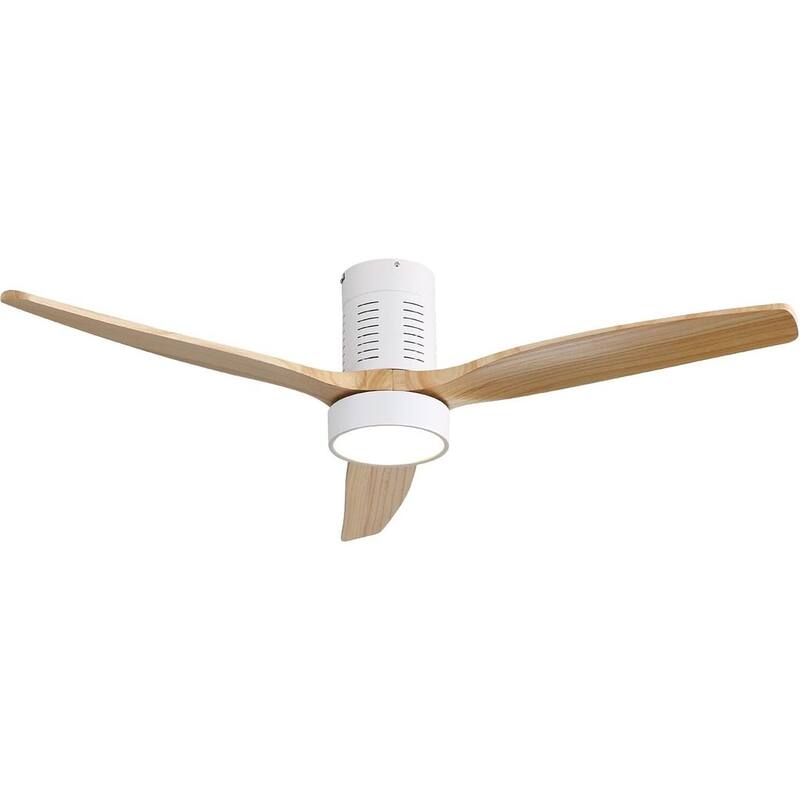 52" Modern Flush Mount Ceiling Fan with LED Light and Remote Control - White+Natural wood