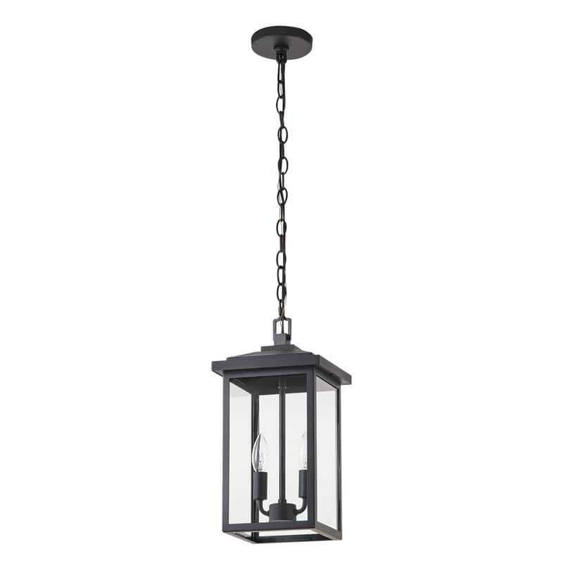 KAWOTI 2-Light Matte Black Outdoor Lantern Pendant Light - W8.25" x D8.25" x H16.25"