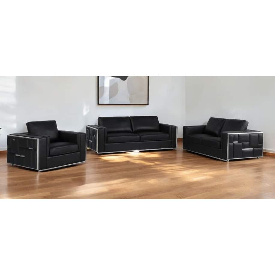 HomeRoots Black Top Grain Leather Five Person Seating Set