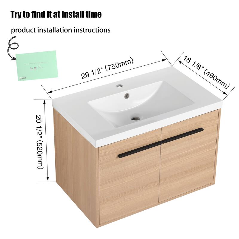 24"/30"/36" Floating Bathroom Vanity with Sink, Wall Mounted Bathroom Vanity with Soft Close Doors