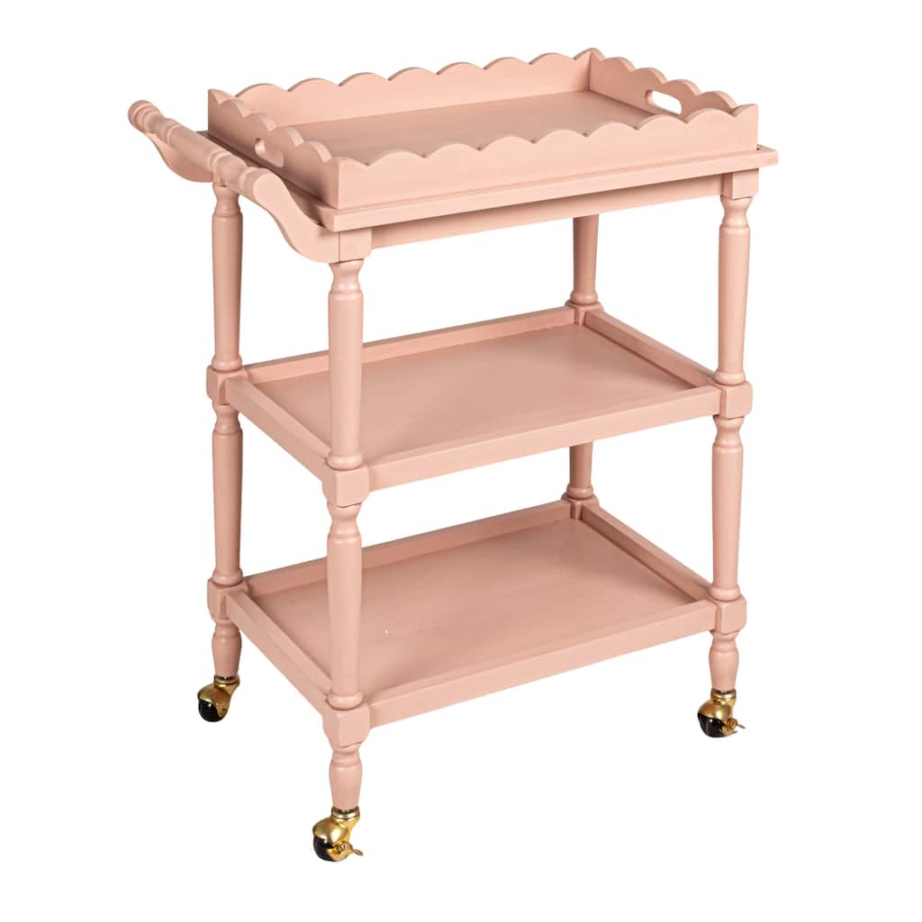 3-Tier Bar Cart on Casters with Removable Scalloped Tray, Pink - 27.3"L x 15.8"W x 31.9"H