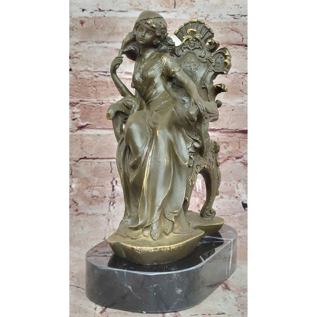Seated Lady In Ornate Chair Bronze Sculpture On Marble Base
