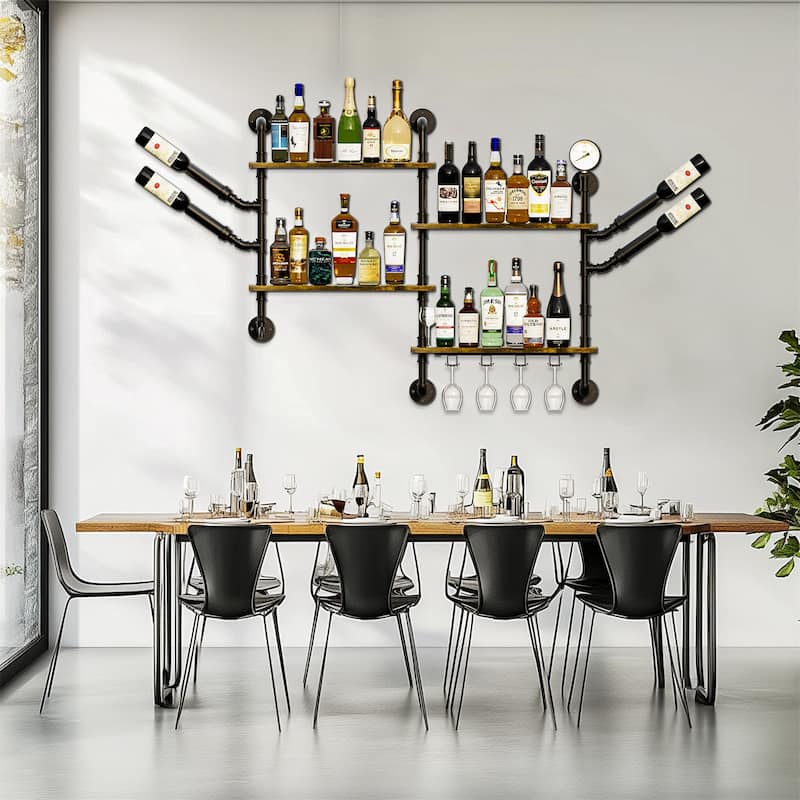 Industrial Pipe Wall Mounted Wine Rack Holder Corner Wine Storage Shelf 4 Tiers