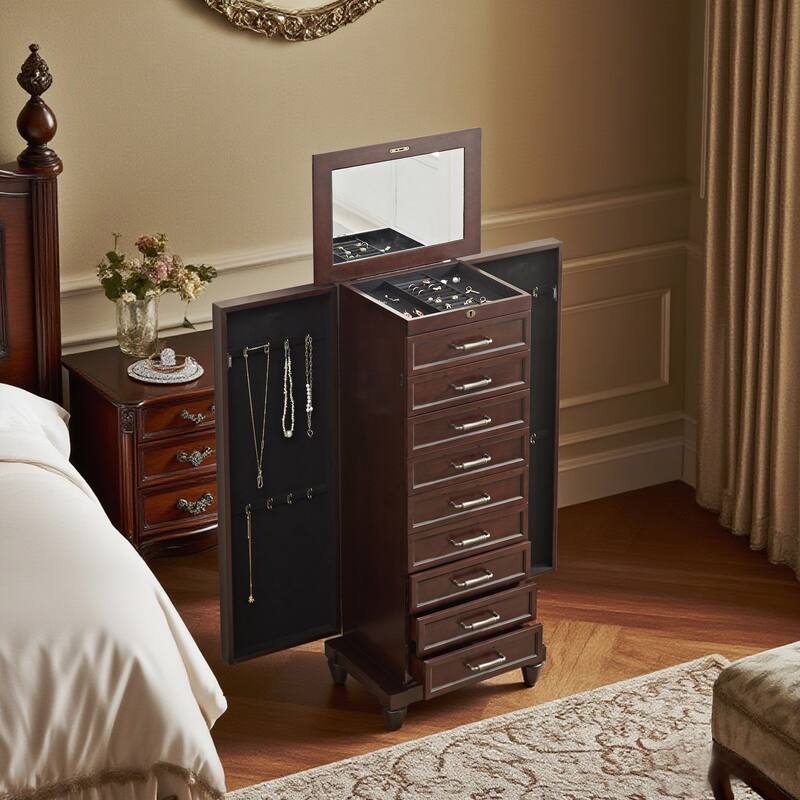 Tall Standing Jewelry Armoire with Mirror,Lockable Wooden Jewelry Cabinet with 9 drawers and side door,