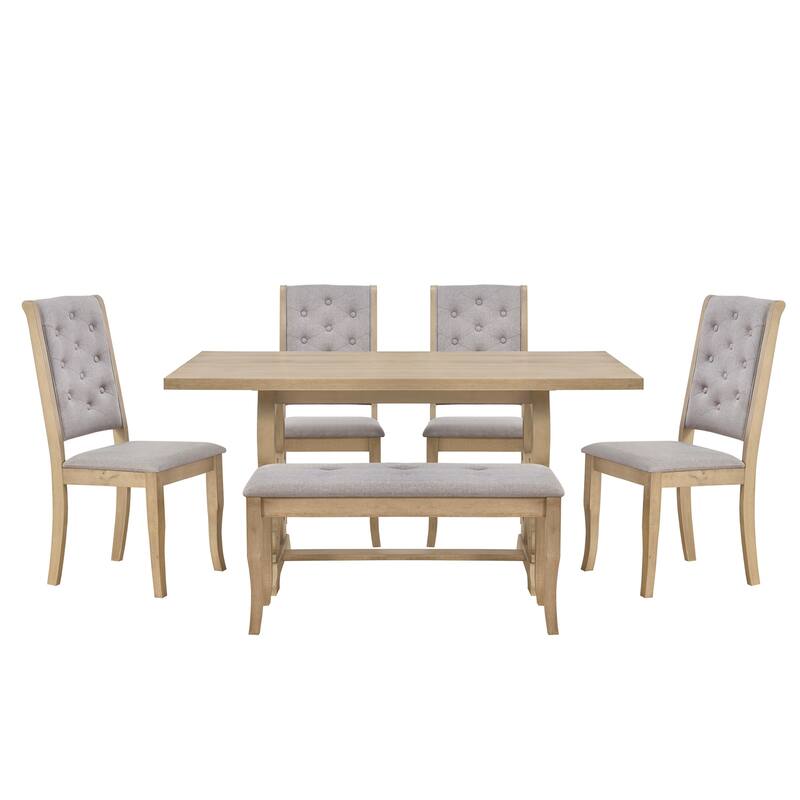 Rectangular Trestle Table and 4 Upholstered Chairs & Bench