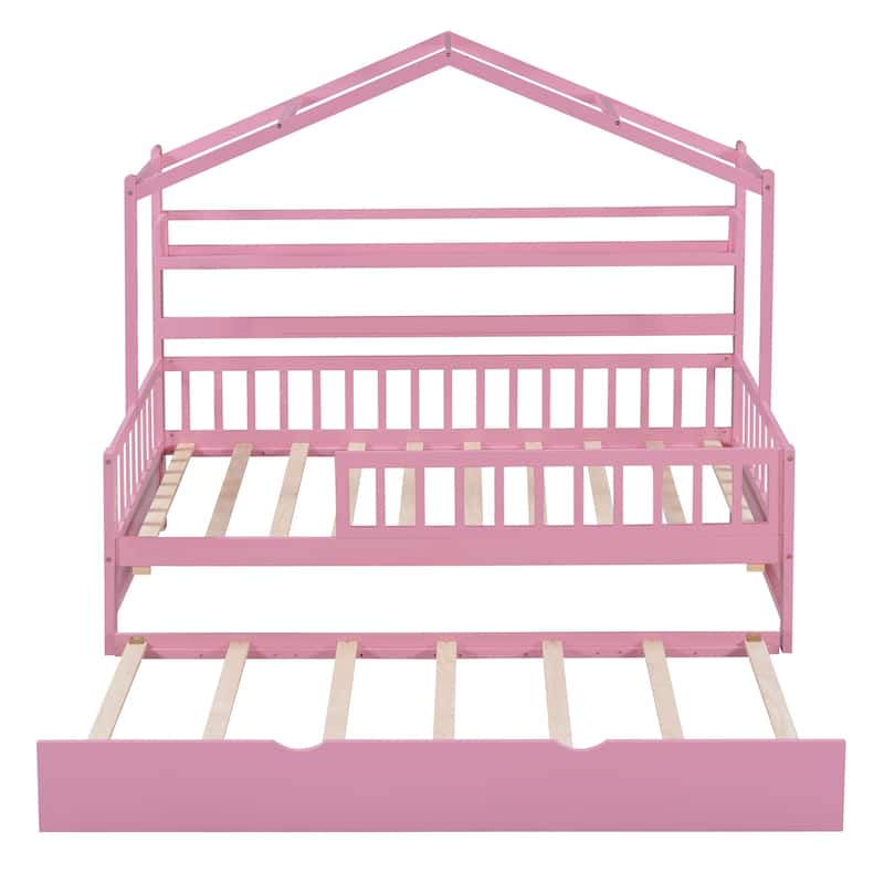 Solid Wood Twin Size Kid's House Bed with Trundle Bed and Storage Rack - Perfect for Play and Sleep